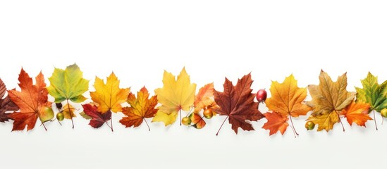 Poster - A vibrant border decoration adorned with colorful autumn leaves displaying hues of yellow green and brown set against a pristine white background with ample copy space image