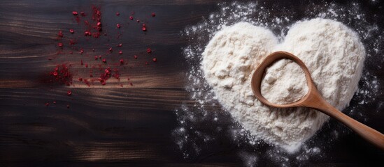 Aufkleber - Top view of a dark table with a heart made of flour along with the text Cook and a rolling pin It serves as a baking background image with copy space