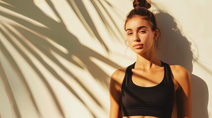 Wall Mural - A woman in a black sports bra stands against a white wall, bathed in warm sunlight and palm tree shadow