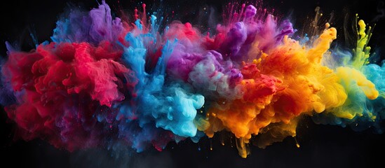 Poster - A multicolored powder explosion frozen in a captivating image showcasing abstract splatters on a black backdrop The copy space image highlights the vibrant and textured glitter