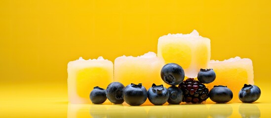 Sticker - Fresh berries and a ripe blueberry frozen in ice cubes arranged on a vibrant yellow background leaving enough blank space for text or other content in the image. Creative banner. Copyspace image