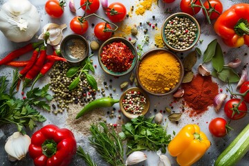 Poster - A variety of spices and fresh vegetables laid out on a kitchen table, ready for cooking. Generative AI