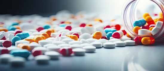 Aufkleber - A vibrant array of pills is strewn across a tabletop having spilled from a plastic bottle A stack of opened medication is displayed against a backdrop of textured white paper The image is captured in