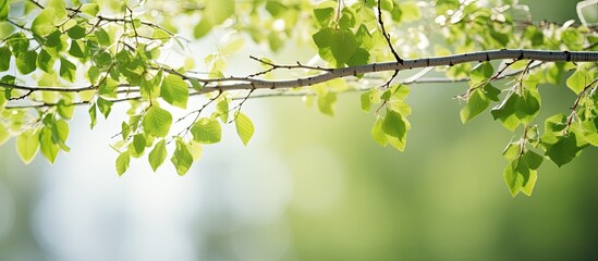 Poster - Close up of birch branches with luscious green foliage creating a stunning background of blurred bokeh sun glare and ample copy space for text