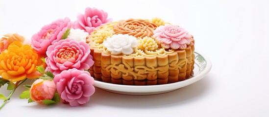 Poster - A vibrant mooncake adorned with colorful flowers a traditional Chinese treat is showcased on a white background with border for text placement. Creative banner. Copyspace image