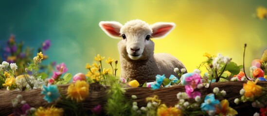 Aufkleber - Copy space image of a festive Easter background adorned with colorful Easter eggs a delightful lamb and vibrant flowers creating an ambiance of joy and celebration
