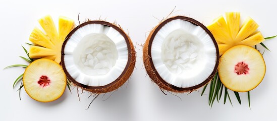 Wall Mural - Top view of two coconut halves filled with yogurt and exotic fruits placed on a white background creating a visually appealing copy space image