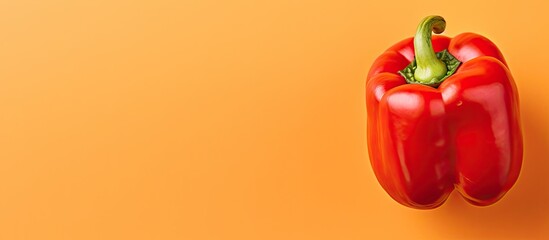 Poster - A millennial man is holding a red bell pepper on an orange background creating a healthy eating concept The image has a close up view with an empty area for text or other elements. Creative banner