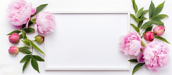 Sticker - A white background hosts an empty wooden picture frame accompanied by fresh peonies This flower composition is suitable for various occasions like birthdays weddings and Mother s Day The flat lay pro