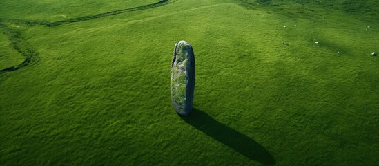 On a lush green meadow near the forest there is an arrangement of stones in the shape of a phallic object seen from an aerial perspective It is a surreal and intriguing sight captured in a copy space