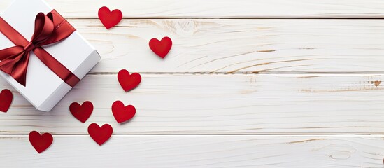 Poster - Top view of a gift box and hearts set against a backdrop of white painted wooden planks The image provides ample space for accompanying text