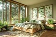 © Zeeshan - /imagine A nature-inspired bedroom with a wooden bed frame, green accents, botanical prints on the walls, and large windows bringing in natural light and views of the surrounding forest.
