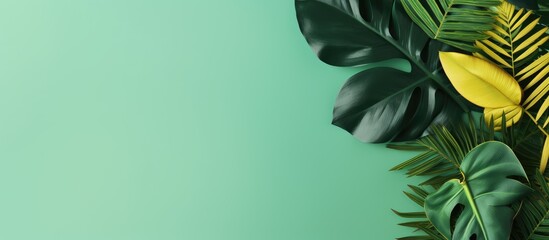 Poster - Minimal summer concept with a creative layout of green tropical leaves on a colored background This vibrant summer background provides ample copy space for your design