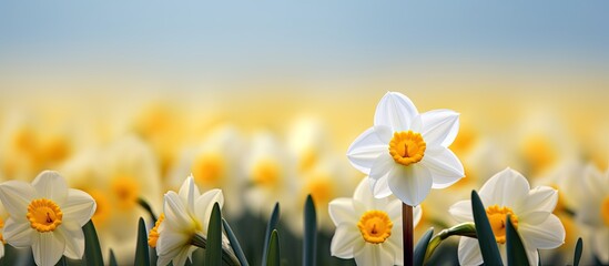 Poster - A white double daffodil with a yellow core stands out amongst a blurred backdrop of other daffodils creating an ideal copy space image for text