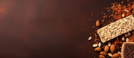 Poster - A typical Spanish snack featuring slices of homemade seed bread accompanied by a chocolate bar captured from above in a flat lay copy space image
