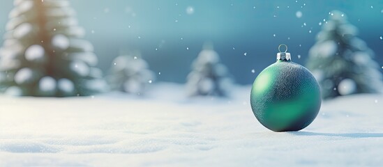 Leinwandbilder - A square shaped Christmas ball with a decorative Christmas tree on snow can be seen against a green backdrop providing ample space for additional imagery or text