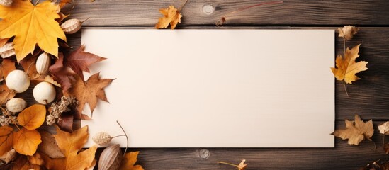 Aufkleber - Square copy space image of an autumn themed flat lay composition with a paper card and dried leaves representing the concept of autumn fall and Thanksgiving Day