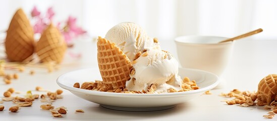 Poster - A white plate holds a copy space image of peanut butter banana ice cream scoops presented in a white bowl and cup alongside a gluten free waffle cone Sprinkles of peanuts adorn the creamy dessert