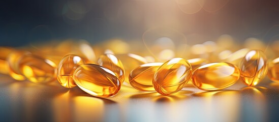 Aufkleber - A dietary supplement consisting of Cod Liver Oil capsules rich in omega 3 fatty acids EPA DHA vitamin A and vitamin D presented in a copy space image