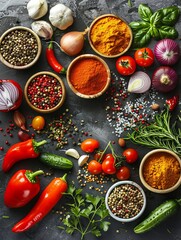 Poster - A kitchen table is decorated with a variety of fresh vegetables and spices, including tomatoes, onions, peppers, garlic, and fresh herbs. Generative AI