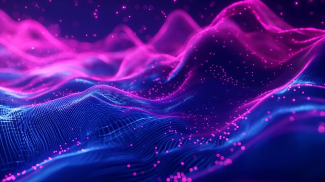 Abstract digital landscape with flowing neon pink and blue grid lines and glowing particles resembling waves.