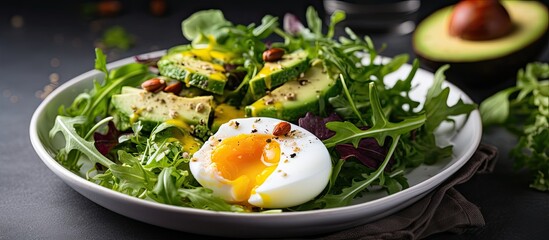 Wall Mural - A vegetarian dish combining avocado egg and fresh salad perfect for those following a ketogenic diet and seeking keto friendly cuisine Copy space image