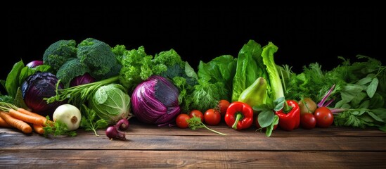 Poster - Copy space image of fresh vegetables including coriander eggplant lettuce tomato Chinese kale and chili beautifully displayed on a rustic wooden background