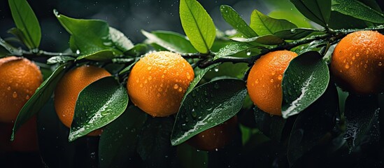 Poster - The dark background showcases a plethora of orange tangerines with vibrant green leaves Viewed from above this stunning image offers ample copy space Enhanced with toned bokeh and a touch of snow
