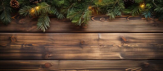 Poster - A festive New Year s background with spruce branches and ornaments on a wooden table creating a charming Christmas atmosphere A perfect copy space image for the holiday season