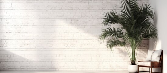 Aufkleber - A palm tree is positioned alongside a folding screen and pouf creating a stylish arrangement next to a white brick wall The composition offers plenty of copy space for images