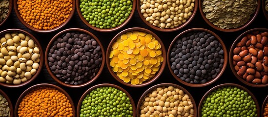 Poster - A top view image showing colorful lentils including yellow brown green and orange varieties arranged in bowls This copy space image showcases a variety of healthy legumes