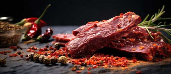 Poster - A savory blend of seasoned jerky and succulent pork complemented by aromatic spices showcased on a bright backdrop ideal for copy space image