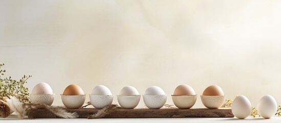 Poster - A rustic copy space image of farm fresh free range white chicken eggs displayed in egg cups with authentic feathers on a light background promotes the idea of natural healthy nutrition from rural dai
