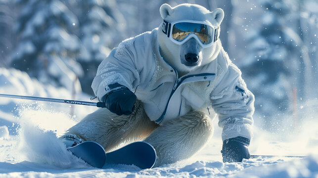 White polar bear in a ski suit is skiing, A polar bear braves the slopes in a ski suit promoting winter adventure. Concept Wildlife Photography, wild animal is an advertisement, Generative Ai 