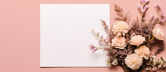 Wall Mural - A top down view of a holiday greeting card mockup featuring flowers on a light pink background with a white wedding invitation card mockup and floral decorations The image is arranged as a flat lay