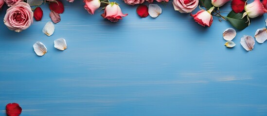 Aufkleber - The Valentine s Day background features a wooden blue backdrop adorned with a frame made of roses flowers This flat lay view offers a top perspective leaving ample copy space