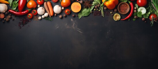 Poster - Colorful spices and fresh vegetables for cooking arranged on a dark metal background with copy space Top view of bio healthy food ingredients