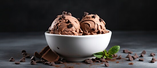 Aufkleber - A healthy summer dessert homemade vegan keto chocolate ice cream adorned with chocolate chips presented on a white background with copy space for customization