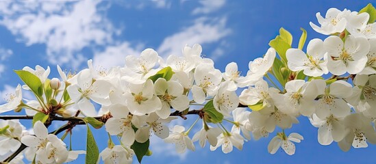 Leinwandbilder - A close up photo of vibrant white apple tree flowers with petals pistils stamens buds and leaves set against a blue sky with clouds offering ample space for copy