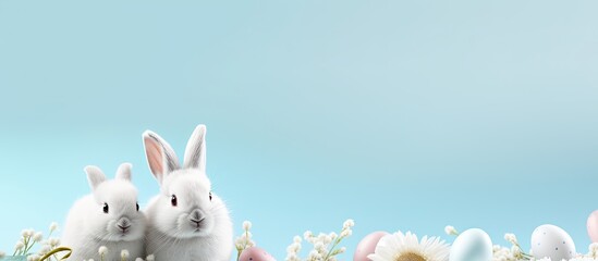 Aufkleber - A modern Easter decoration featuring rabbits on a pastel blue background with a white frame The design includes copy space for text and conveys a holiday concept for a Happy Easter greeting card