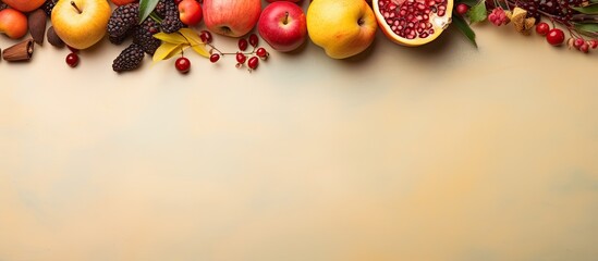 Aufkleber - Top view copy space image with traditional Jewish Rosh Hashanah attributes on a colored background capturing the festive essence of the holiday