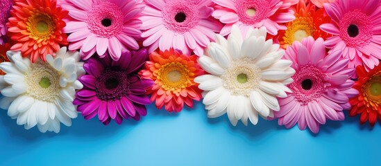 Sticker - A vibrant summer background featuring colorful gerbera flowers in shades of pink purple and white complemented by lush green leaves all set against a vibrant blue backdrop Perfect for copy space imag