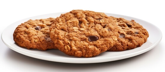 Aufkleber - A close up copy space image of three enticing dark brown oatmeal cookies placed on an earthenware surface and isolated against a white background