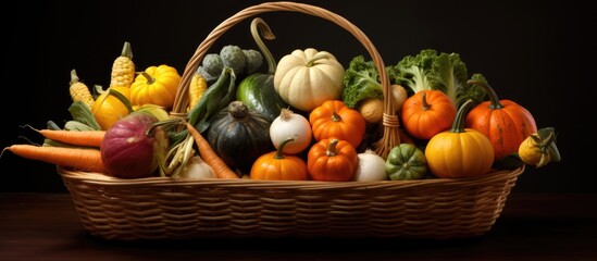 Aufkleber - A wicker basket filled with a variety of autumn organic vegetables including pumpkin carrot butternut squash and turnip Creates a fall themed copy space image