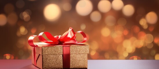 Poster - Horizontal copy space image of a cardboard gift box adorned with a red ribbon placed on a golden bokeh background with a pestle for including text Perfect for Christmas and Valentine s Day banners
