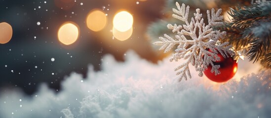 Fototapete - An image capturing the essence of the Christmas and holiday season showcasing a close up view of a snowflake ornament and accessories adorning an Xmas tree with ample copy space