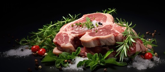 Sticker - A food background showcasing fresh raw pork meat sprinkled with salt pepper and arugula There is ample space for adding text or other images