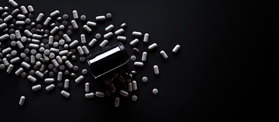 Aufkleber - A top down view of black supplement capsules being poured out of a white bottle creating a flat lay composition with copy space It illustrates a medicine theme and portrays the concept of health care