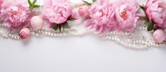 Aufkleber - A top down view of a feminine floral arrangement consisting of pink peony flowers gift boxes and pearl beads on a white table creating a festive flat lay frame The image provides ample copy space for