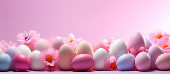 Aufkleber - A spring themed background with colorful Easter eggs providing a pink hue and representing the essence of the season Ideal for decorating and creating a vibrant copy space image